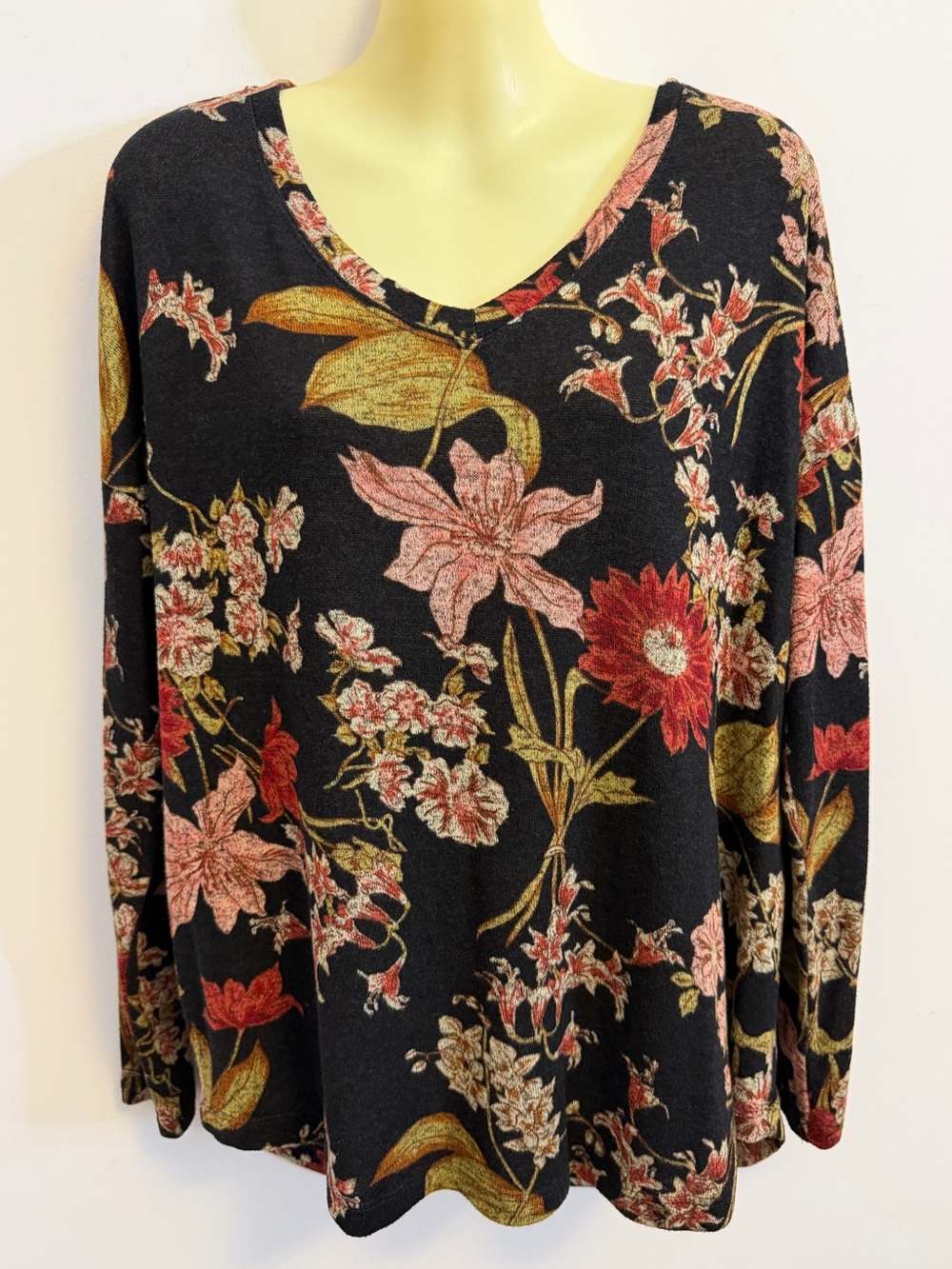 Well Worn Pink and Brown Floral Black Long Sleeve Top